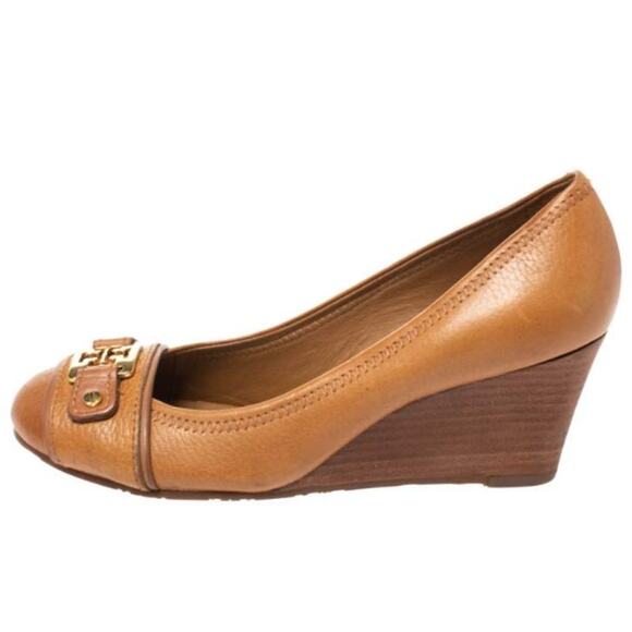 Tory Burch Leather Ambrose Slip On Wedge Heel Pumps Brown Women's Size 9M